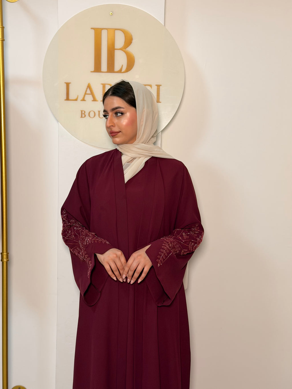Abaya with Embroidered Sleeves - Burgundy