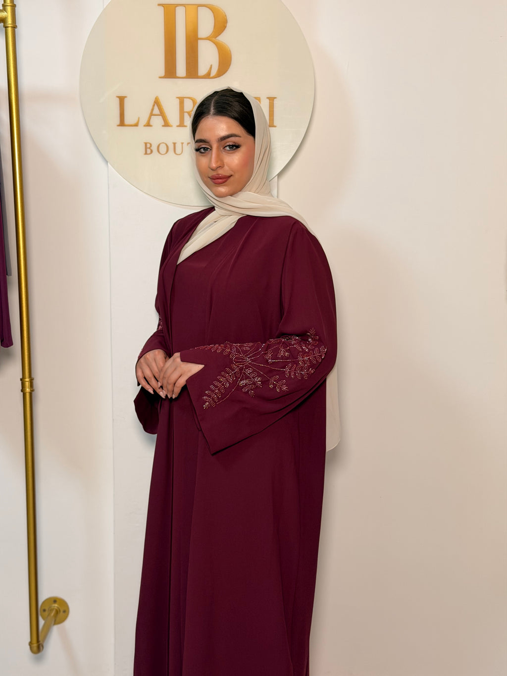 Abaya with Embroidered Sleeves - Burgundy