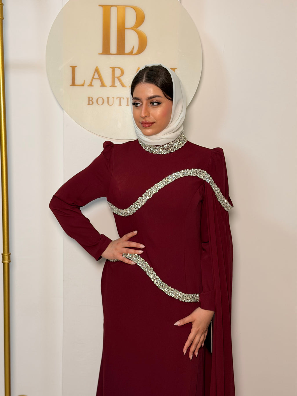 Evening Dress with Crystal Waves - Burgundy