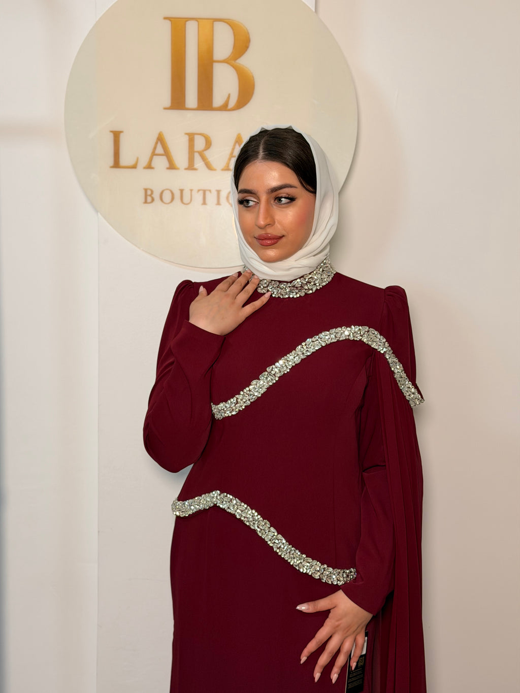Evening Dress with Crystal Waves - Burgundy