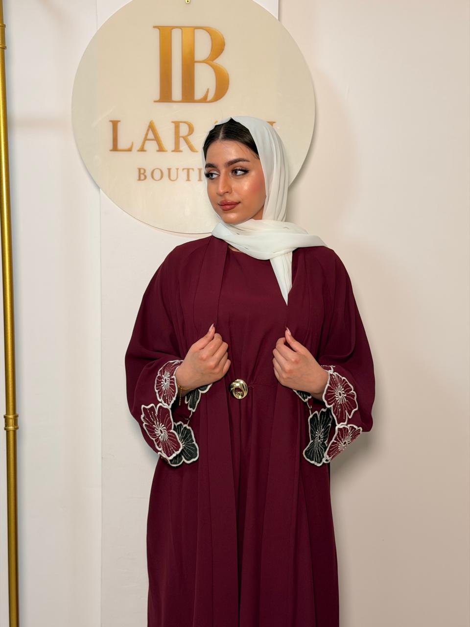 Burgundy Floral Embroidered Abaya