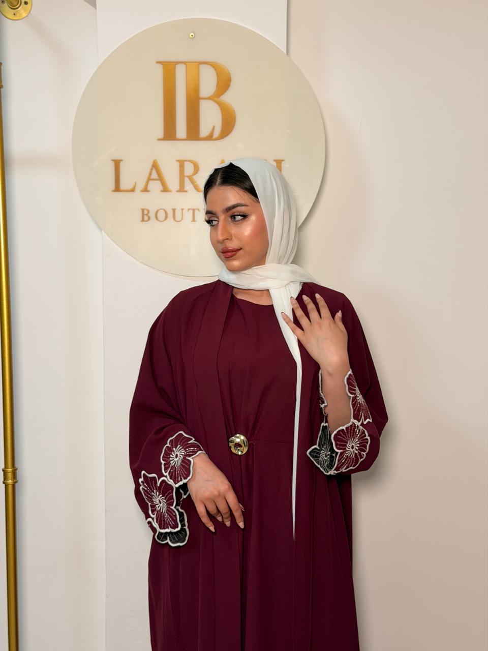 Burgundy Floral Embroidered Abaya